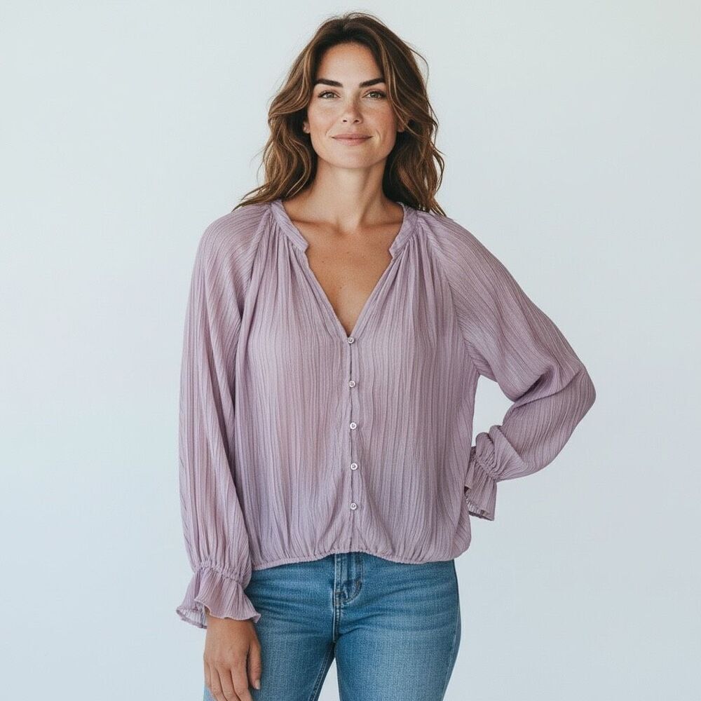 Ramy Brook New York Crinkle Pleated Blouse Lavender Size Small Flowy
